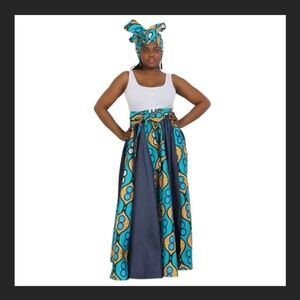 Advance Apparels - Denim and African Print Long Maxi Skirt One Size